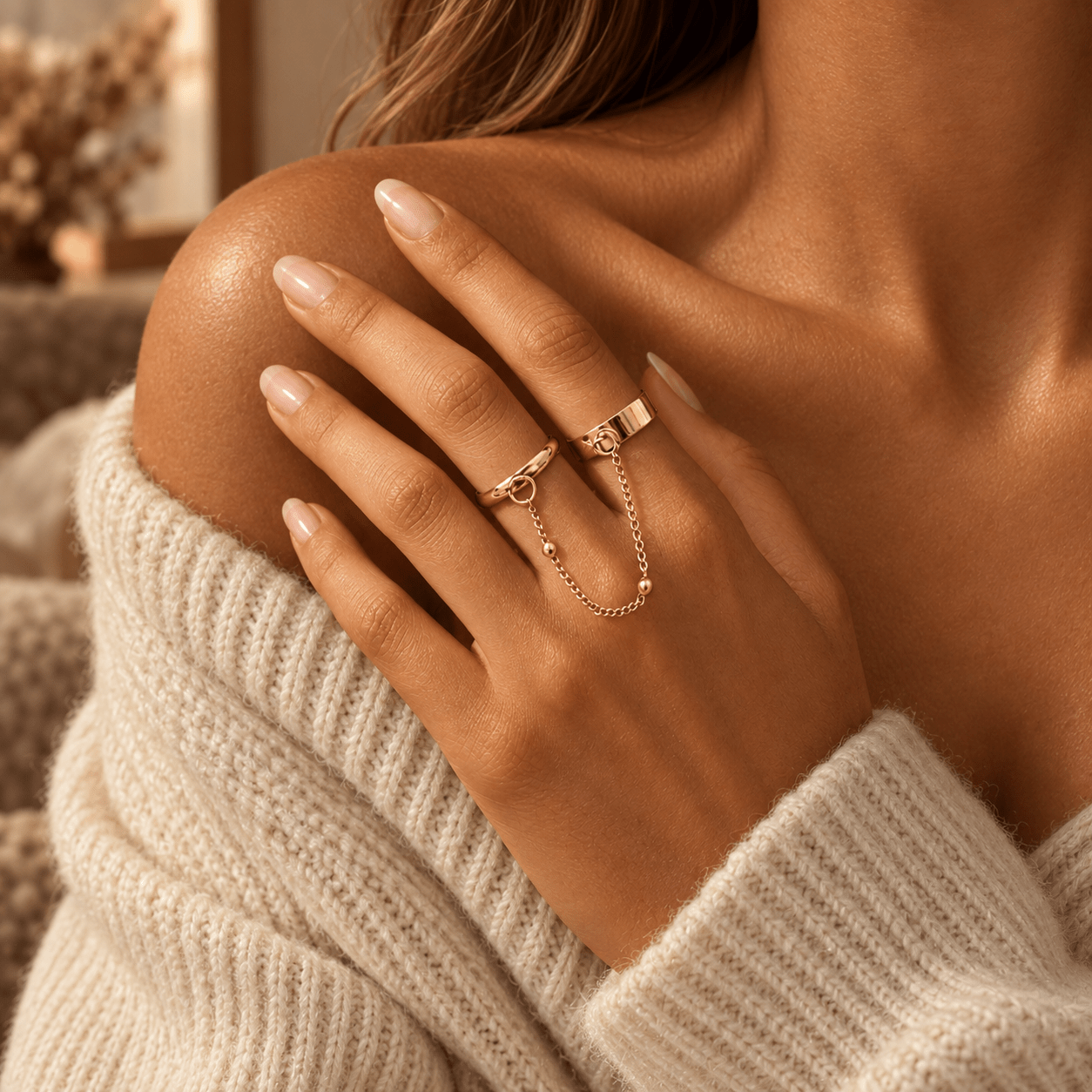 Women's Golden-Tone Double Finger Chain Ring